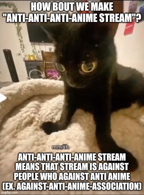 mmñh | HOW BOUT WE MAKE "ANTI-ANTI-ANTI-ANIME STREAM"? ANTI-ANTI-ANTI-ANIME STREAM MEANS THAT STREAM IS AGAINST PEOPLE WHO AGAINST ANTI ANIME (EX. AGAINST-ANTI-ANIME-ASSOCIATION) | image tagged in mmnh 2 | made w/ Imgflip meme maker