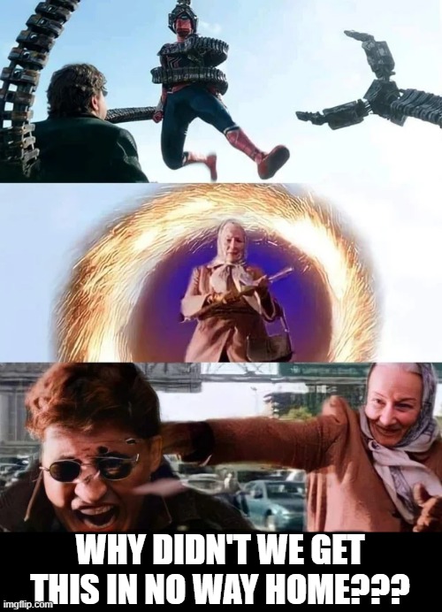 Kick Ass May | WHY DIDN'T WE GET THIS IN NO WAY HOME??? | image tagged in aunt may,spiderman | made w/ Imgflip meme maker