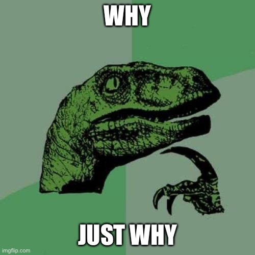 Philosoraptor | WHY; JUST WHY | image tagged in memes,philosoraptor | made w/ Imgflip meme maker