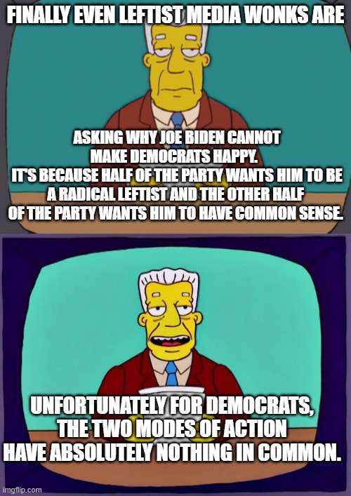 Democrats versus Democrats | FINALLY EVEN LEFTIST MEDIA WONKS ARE; ASKING WHY JOE BIDEN CANNOT MAKE DEMOCRATS HAPPY. 
 IT'S BECAUSE HALF OF THE PARTY WANTS HIM TO BE A RADICAL LEFTIST AND THE OTHER HALF OF THE PARTY WANTS HIM TO HAVE COMMON SENSE. UNFORTUNATELY FOR DEMOCRATS, THE TWO MODES OF ACTION HAVE ABSOLUTELY NOTHING IN COMMON. | image tagged in insane versus sane | made w/ Imgflip meme maker