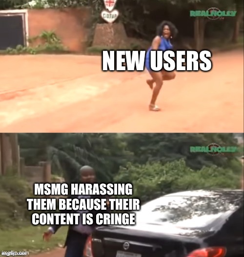 Why are you running | NEW USERS; MSMG HARASSING THEM BECAUSE THEIR CONTENT IS CRINGE | image tagged in why are you running | made w/ Imgflip meme maker