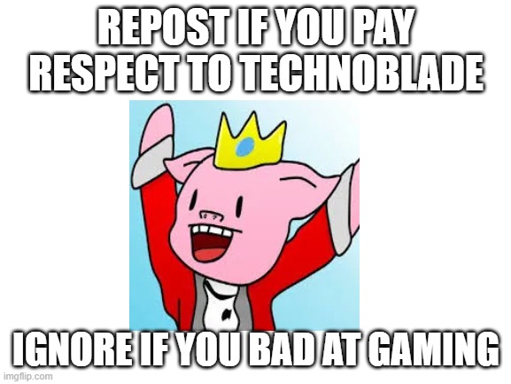 technobalde died from sarcoma rip | REPOST IF YOU PAY RESPECT TO TECHNOBLADE; IGNORE IF YOU BAD AT GAMING | image tagged in blank white template,repost | made w/ Imgflip meme maker