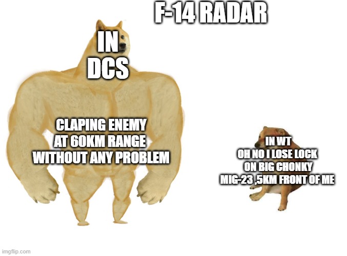 Big dog small dog | F-14 RADAR; IN
DCS; CLAPING ENEMY AT 60KM RANGE 
WITHOUT ANY PROBLEM; IN WT


OH NO I LOSE LOCK 
ON BIG CHONKY
MIG-23 ,5KM FRONT OF ME | image tagged in big dog small dog | made w/ Imgflip meme maker