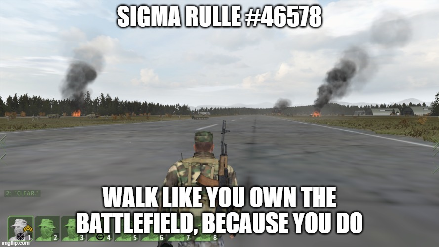 Arma rule | SIGMA RULLE #46578; WALK LIKE YOU OWN THE BATTLEFIELD, BECAUSE YOU DO | image tagged in video games | made w/ Imgflip meme maker