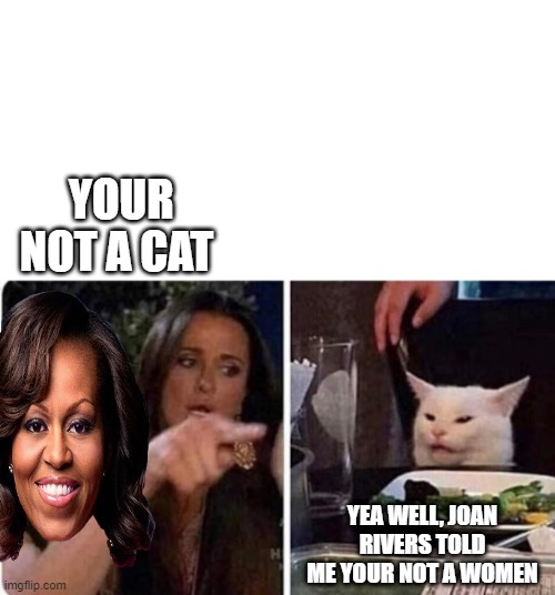 JOAN RIVERS last comment  " Come on everyone knows Micheles a tranny" Joan Rivers DEAD | YOUR NOT A CAT; YEA WELL, JOAN RIVERS TOLD ME YOUR NOT A WOMEN | image tagged in lady screams at cat | made w/ Imgflip meme maker