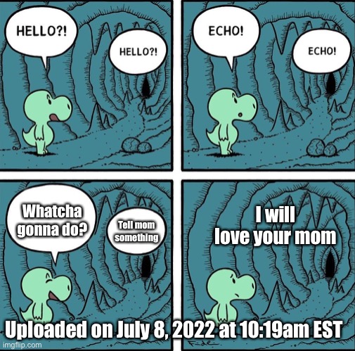 Don’t know what to put here | I will love your mom; Whatcha gonna do? Tell mom something; Uploaded on July 8, 2022 at 10:19am EST | image tagged in echo,memes,funny,upvote,lol,love | made w/ Imgflip meme maker