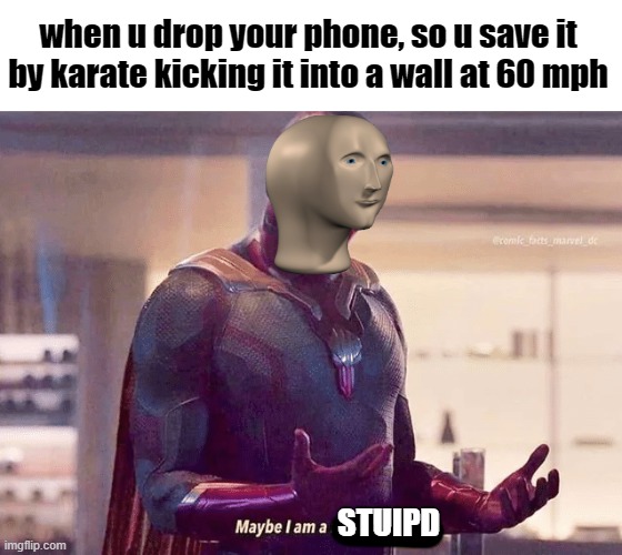 Maybe i am a monster blank | when u drop your phone, so u save it by karate kicking it into a wall at 60 mph; STUIPD | image tagged in maybe i am a monster blank | made w/ Imgflip meme maker