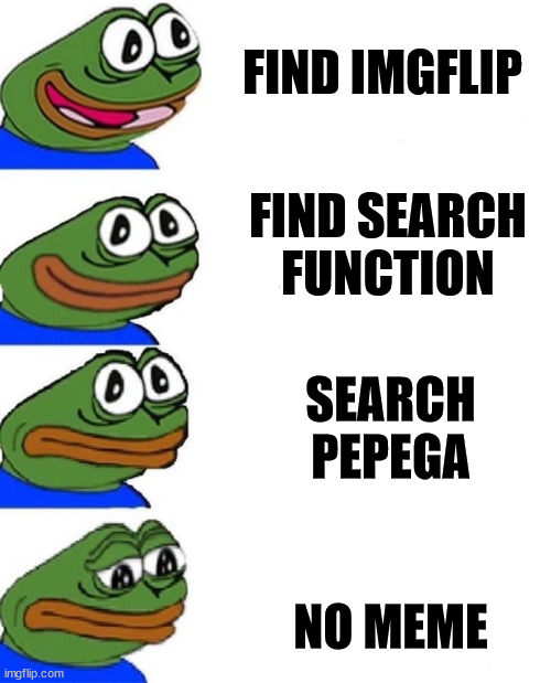 pepega excited to sad | FIND IMGFLIP; FIND SEARCH FUNCTION; SEARCH PEPEGA; NO MEME | image tagged in pepega excited to sad | made w/ Imgflip meme maker