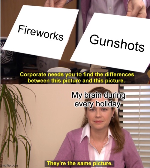 They're The Same Picture | Fireworks; Gunshots; My brain during every holiday | image tagged in memes,they're the same picture | made w/ Imgflip meme maker