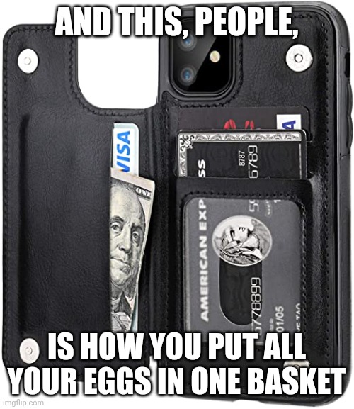 All your eggs in one basket wallet money phone | AND THIS, PEOPLE, IS HOW YOU PUT ALL YOUR EGGS IN ONE BASKET | image tagged in so true | made w/ Imgflip meme maker