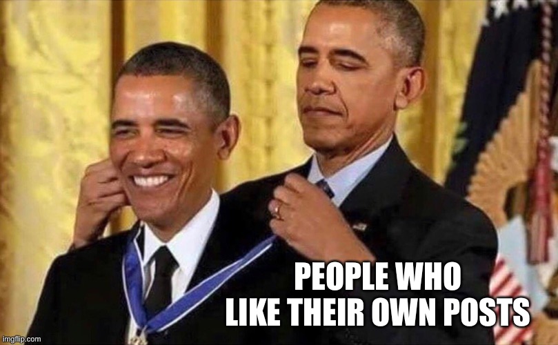 obama medal | PEOPLE WHO LIKE THEIR OWN POSTS | image tagged in obama medal | made w/ Imgflip meme maker