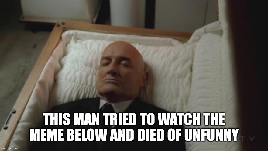 Memes, Coffin, Dead Man | THIS MAN TRIED TO WATCH THE MEME BELOW AND DIED OF UNFUNNY | image tagged in memes coffin dead man | made w/ Imgflip meme maker