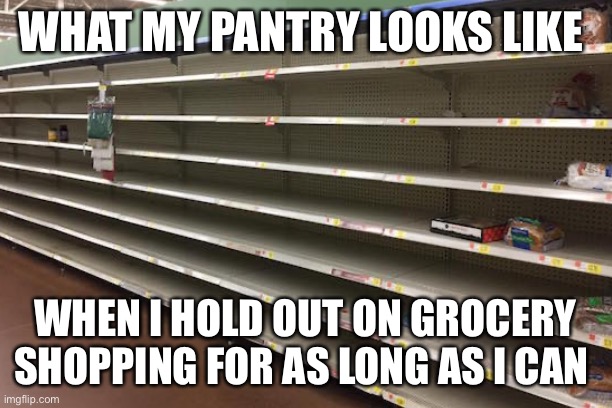 Grocery shopping | WHAT MY PANTRY LOOKS LIKE; WHEN I HOLD OUT ON GROCERY SHOPPING FOR AS LONG AS I CAN | image tagged in groceries,grocery store,shopping,starving | made w/ Imgflip meme maker