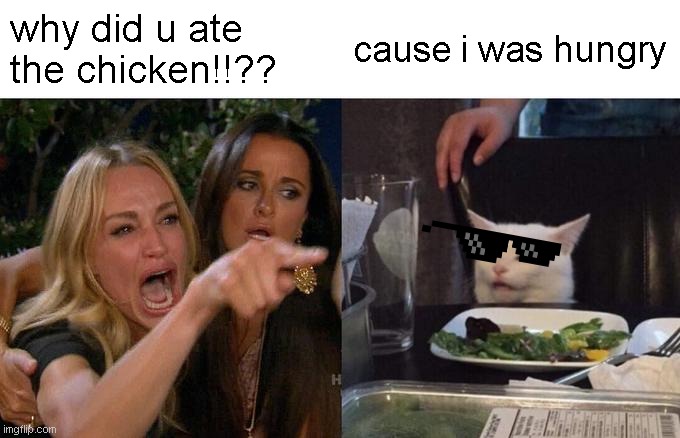 Woman Yelling At Cat | why did u ate the chicken!!?? cause i was hungry | image tagged in memes,woman yelling at cat | made w/ Imgflip meme maker