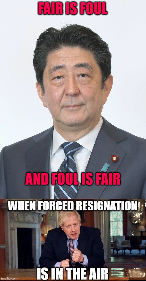 Alliteration of A New World Disorder | FAIR IS FOUL; AND FOUL IS FAIR; WHEN FORCED RESIGNATION; IS IN THE AIR | image tagged in shinzo abe,john kerry,clinton,ukraine flag,made in china,india | made w/ Imgflip meme maker