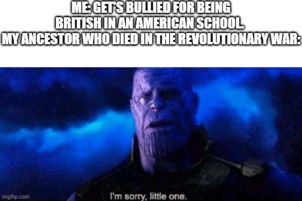 Im sorry little one | ME: GET'S BULLIED FOR BEING BRITISH IN AN AMERICAN SCHOOL. 
MY ANCESTOR WHO DIED IN THE REVOLUTIONARY WAR: | image tagged in im sorry little one | made w/ Imgflip meme maker