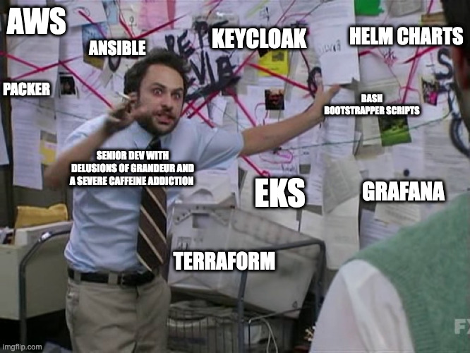 Charlie Conspiracy (Always Sunny in Philidelphia) | AWS; HELM CHARTS; KEYCLOAK; ANSIBLE; PACKER; BASH BOOTSTRAPPER SCRIPTS; SENIOR DEV WITH DELUSIONS OF GRANDEUR AND A SEVERE CAFFEINE ADDICTION; EKS; GRAFANA; TERRAFORM | image tagged in charlie conspiracy always sunny in philidelphia | made w/ Imgflip meme maker