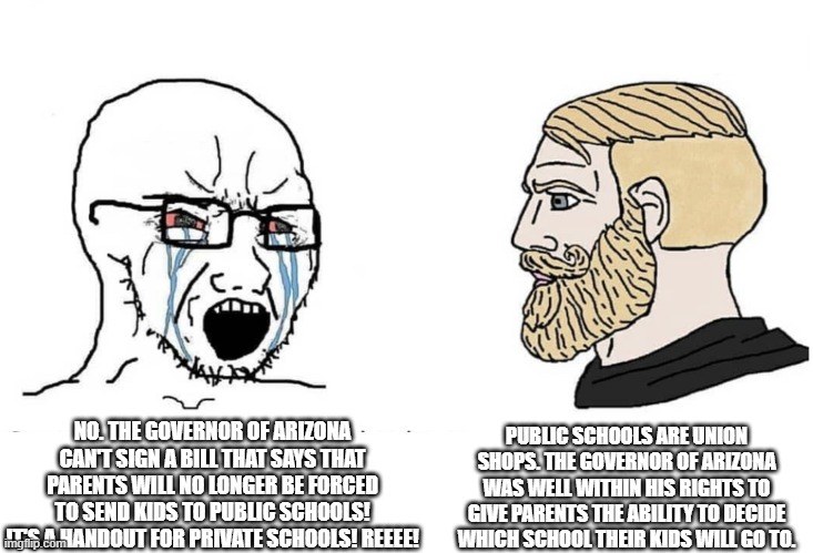 Soyboy Vs Yes Chad | PUBLIC SCHOOLS ARE UNION SHOPS. THE GOVERNOR OF ARIZONA WAS WELL WITHIN HIS RIGHTS TO GIVE PARENTS THE ABILITY TO DECIDE WHICH SCHOOL THEIR KIDS WILL GO TO. NO. THE GOVERNOR OF ARIZONA CAN'T SIGN A BILL THAT SAYS THAT PARENTS WILL NO LONGER BE FORCED TO SEND KIDS TO PUBLIC SCHOOLS! IT'S A HANDOUT FOR PRIVATE SCHOOLS! REEEE! | image tagged in soyboy vs yes chad | made w/ Imgflip meme maker