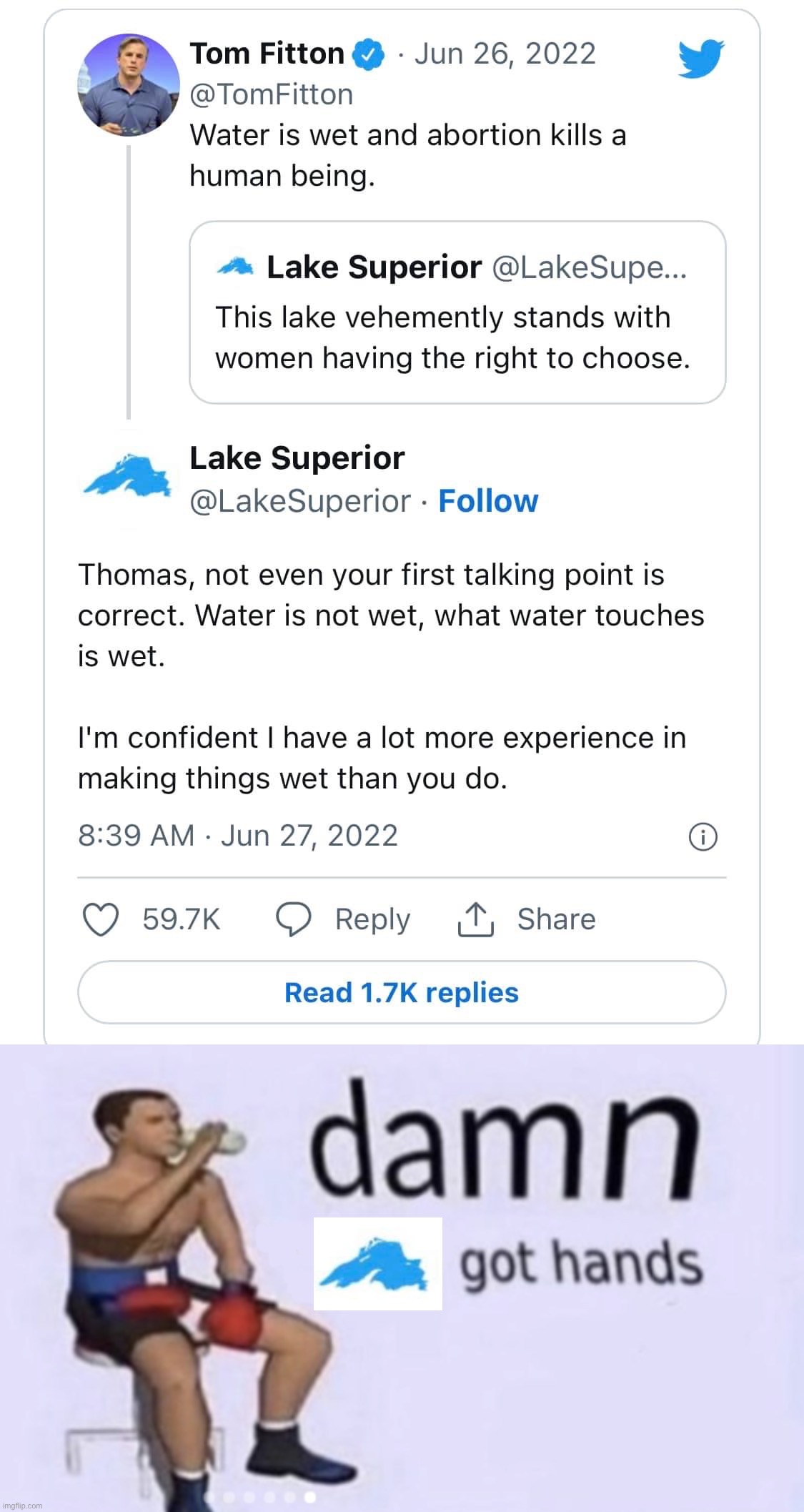 image tagged in lake superior vs tom fitton,damn got hands | made w/ Imgflip meme maker