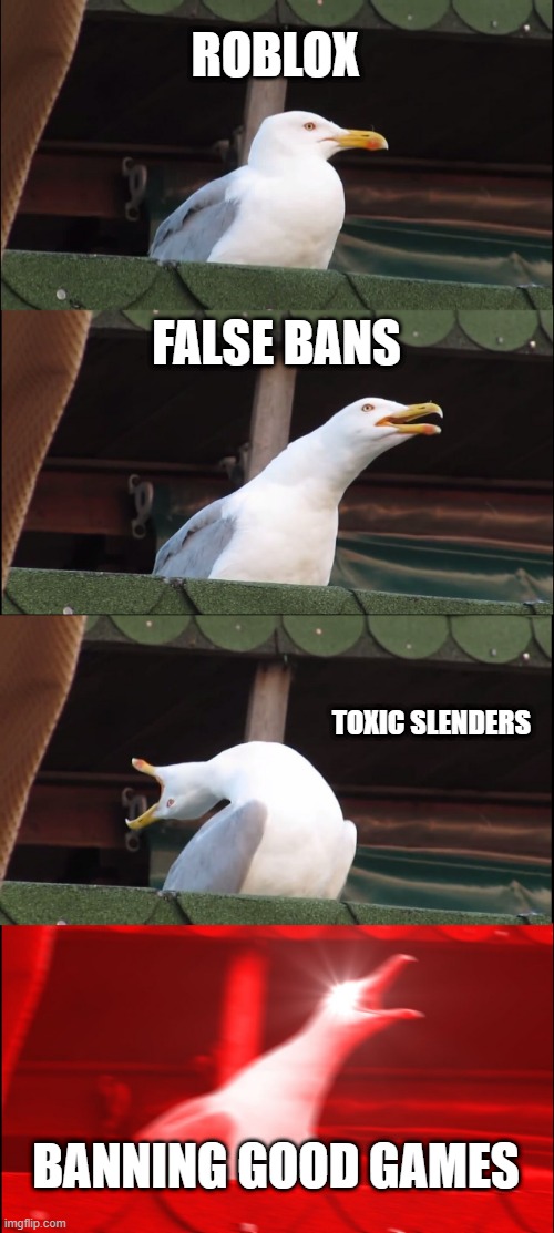 Inhaling Seagull | ROBLOX; FALSE BANS; TOXIC SLENDERS; BANNING GOOD GAMES | image tagged in memes,inhaling seagull | made w/ Imgflip meme maker