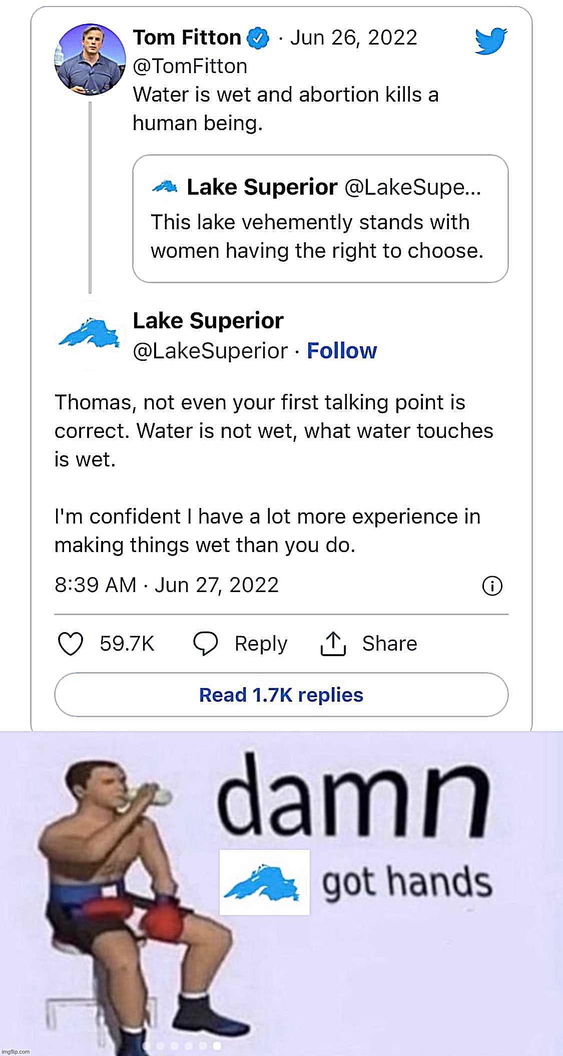 Troll Slayer of the Day: Lake Superior | image tagged in lake superior vs tom fitton,damn lake superior got hands | made w/ Imgflip meme maker