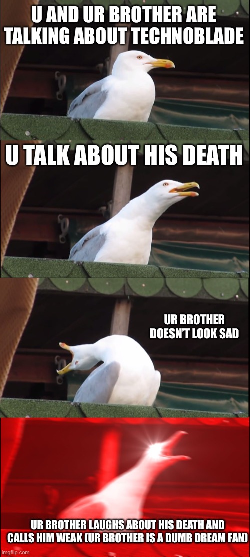 Rip Technoblade, We will never forget you | U AND UR BROTHER ARE TALKING ABOUT TECHNOBLADE; U TALK ABOUT HIS DEATH; UR BROTHER DOESN’T LOOK SAD; UR BROTHER LAUGHS ABOUT HIS DEATH AND CALLS HIM WEAK (UR BROTHER IS A DUMB DREAM FAN) | image tagged in memes,inhaling seagull,technoblade | made w/ Imgflip meme maker