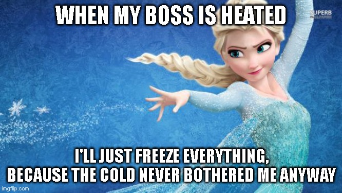 elsa | WHEN MY BOSS IS HEATED; I'LL JUST FREEZE EVERYTHING, BECAUSE THE COLD NEVER BOTHERED ME ANYWAY | image tagged in elsa | made w/ Imgflip meme maker