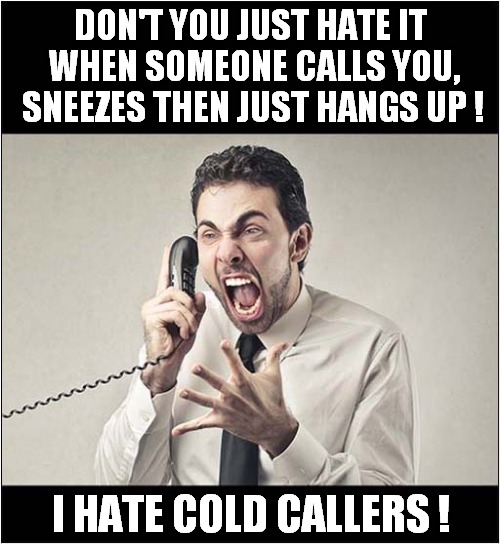 This Makes Me So Angry ! |  DON'T YOU JUST HATE IT
 WHEN SOMEONE CALLS YOU,
 SNEEZES THEN JUST HANGS UP ! I HATE COLD CALLERS ! | image tagged in fun,angry,phone call,sneeze | made w/ Imgflip meme maker