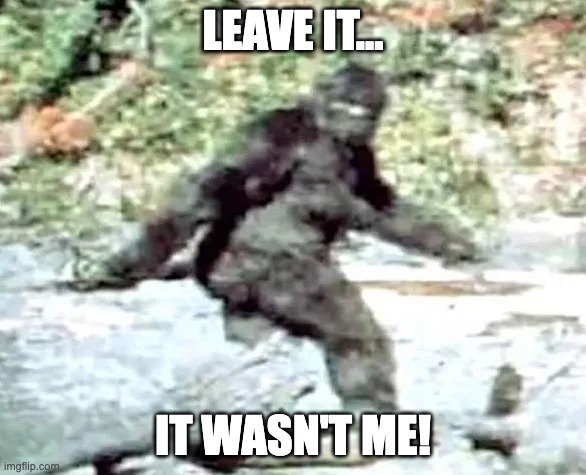 Wasn't_Me | LEAVE IT... IT WASN'T ME! | image tagged in bigfoot,georgia guidestones | made w/ Imgflip meme maker
