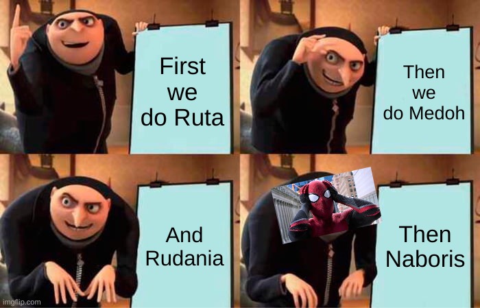 Gru's Plan | First we do Ruta; Then we do Medoh; And Rudania; Then Naboris | image tagged in memes,gru's plan | made w/ Imgflip meme maker