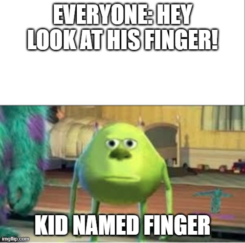 2 eyed mike wisoksi |  EVERYONE: HEY LOOK AT HIS FINGER! KID NAMED FINGER | image tagged in 2 eyed mike wisoksi | made w/ Imgflip meme maker