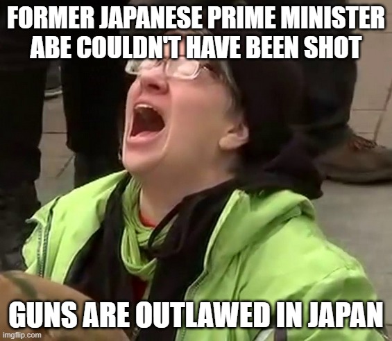 Crying liberal | FORMER JAPANESE PRIME MINISTER ABE COULDN'T HAVE BEEN SHOT; GUNS ARE OUTLAWED IN JAPAN | image tagged in crying liberal | made w/ Imgflip meme maker