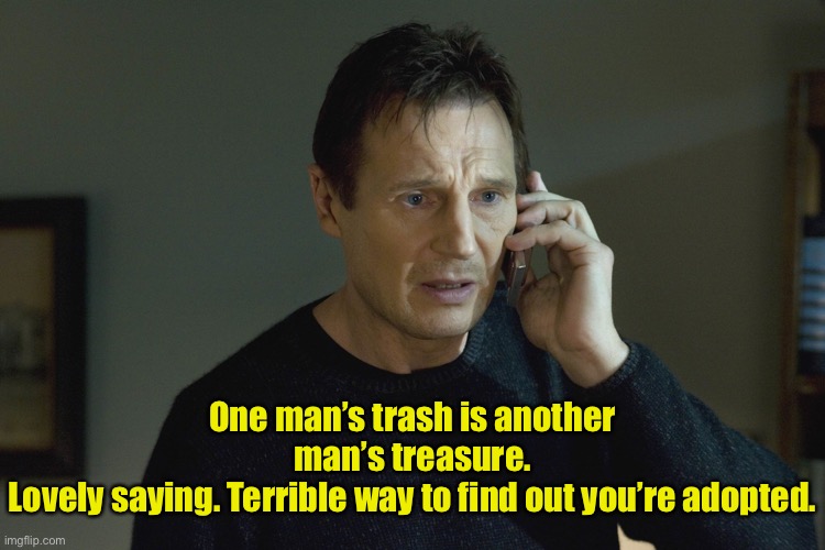 Adoption | One man’s trash is another man’s treasure.
Lovely saying. Terrible way to find out you’re adopted. | image tagged in liam neeson on phone,trash,treasure,adopted,terrible to find out,adoption | made w/ Imgflip meme maker