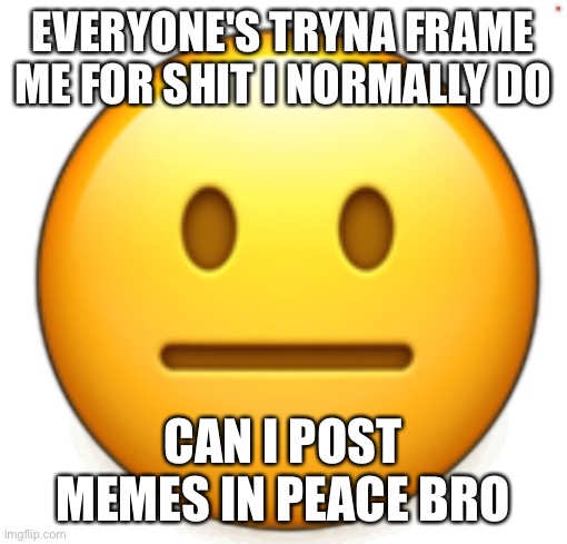 Dang bro.. | EVERYONE'S TRYNA FRAME ME FOR SHIT I NORMALLY DO; CAN I POST MEMES IN PEACE BRO | image tagged in dang bro | made w/ Imgflip meme maker