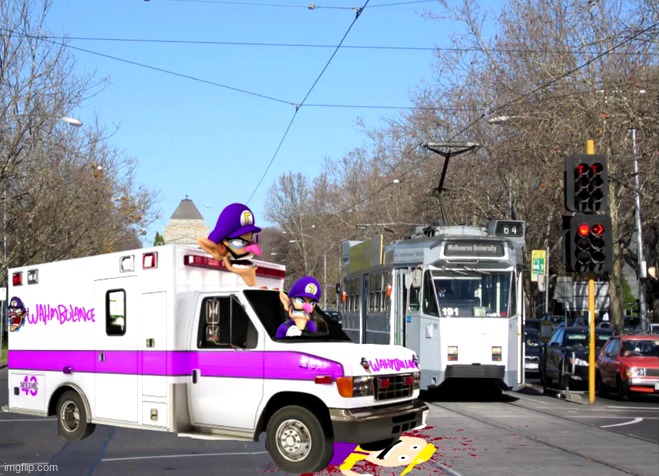 Wario gets crushed by the Wahmbulance.mp3 (image by Nickolox) | image tagged in wario,wario dies,waluigi,ambulance | made w/ Imgflip meme maker