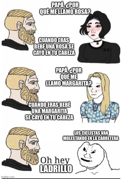 oh hey brick | PAPÁ, ¿POR QUÉ ME LLAMO ROSA? CUANDO ERAS BEBÉ UNA ROSA SE CAYÓ EN TU CABEZA; PAPÁ, ¿POR QUÉ ME LLAMO MARGARITA? CUANDO ERAS BEBÉ UNA MARGARITA SE CAYÓ EN TU CABEZA; LOS CICLISTAS VAN MOLESTANDO EN LA CARRETERA; LADRILLO | image tagged in oh hey brick | made w/ Imgflip meme maker