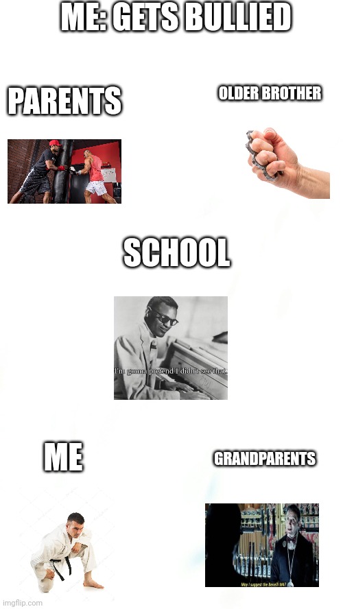 No boooly | ME: GETS BULLIED; OLDER BROTHER; PARENTS; SCHOOL; ME; GRANDPARENTS | image tagged in funny | made w/ Imgflip meme maker