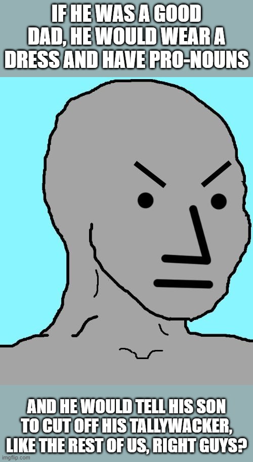 NPC meme angry | IF HE WAS A GOOD DAD, HE WOULD WEAR A DRESS AND HAVE PRO-NOUNS AND HE WOULD TELL HIS SON TO CUT OFF HIS TALLYWACKER, LIKE THE REST OF US, RI | image tagged in npc meme angry | made w/ Imgflip meme maker