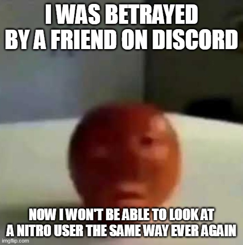 The context is too big and complicated to explain it here | I WAS BETRAYED BY A FRIEND ON DISCORD; NOW I WON'T BE ABLE TO LOOK AT A NITRO USER THE SAME WAY EVER AGAIN | image tagged in fruit having a mental breakdown | made w/ Imgflip meme maker