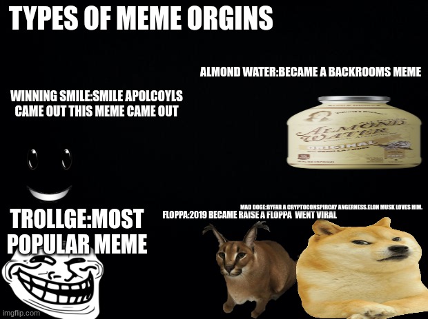 the memes | TYPES OF MEME ORGINS; ALMOND WATER:BECAME A BACKROOMS MEME; WINNING SMILE:SMILE APOLCOYLS CAME OUT THIS MEME CAME OUT; TROLLGE:MOST POPULAR MEME; MAD DOGE:BYFAR A CRYPTOCONSPIRCAY ANGERNESS.ELON MUSK LOVES HIM. FLOPPA:2019 BECAME RAISE A FLOPPA  WENT VIRAL | image tagged in black background | made w/ Imgflip meme maker