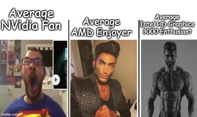 Nerd vs Chad vs Giga Chad | Average NVidia Fan; Average AMD Enjoyer; Average Intel HD Graphics 3000 Enthusiast | image tagged in nerd vs chad vs giga chad | made w/ Imgflip meme maker