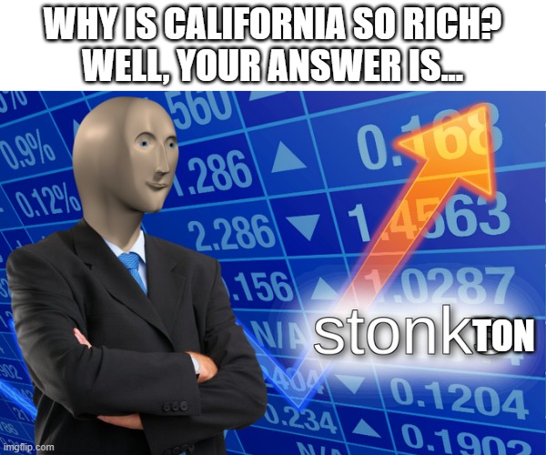 stonkton??? | WHY IS CALIFORNIA SO RICH?
WELL, YOUR ANSWER IS... TON | image tagged in memes | made w/ Imgflip meme maker