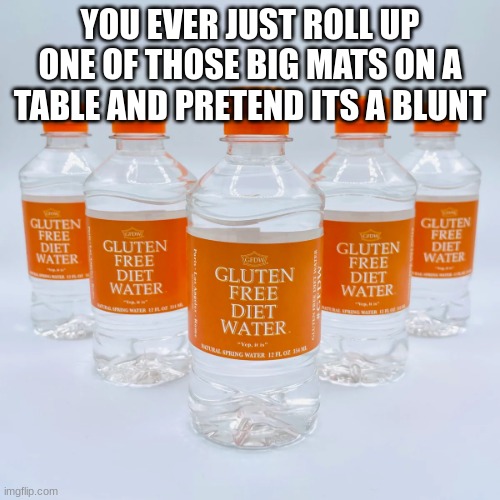 gluten free diet water | YOU EVER JUST ROLL UP ONE OF THOSE BIG MATS ON A TABLE AND PRETEND ITS A BLUNT | image tagged in gluten free diet water | made w/ Imgflip meme maker