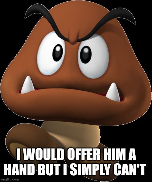 I WOULD OFFER HIM A HAND BUT I SIMPLY CAN'T | image tagged in goomba | made w/ Imgflip meme maker