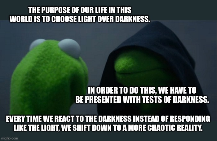 Purpose of Life Really is | THE PURPOSE OF OUR LIFE IN THIS WORLD IS TO CHOOSE LIGHT OVER DARKNESS. IN ORDER TO DO THIS, WE HAVE TO BE PRESENTED WITH TESTS OF DARKNESS. EVERY TIME WE REACT TO THE DARKNESS INSTEAD OF RESPONDING LIKE THE LIGHT, WE SHIFT DOWN TO A MORE CHAOTIC REALITY. | image tagged in memes,evil kermit | made w/ Imgflip meme maker