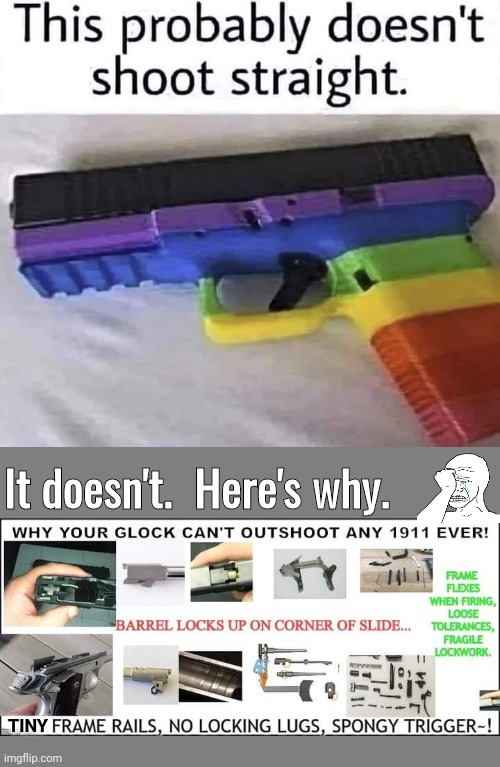 Why Glocks don't shoot straight | It doesn't.  Here's why. TINY | image tagged in blank grey | made w/ Imgflip meme maker
