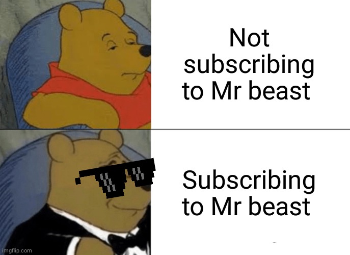 Subscribing to Mr beast | Not subscribing to Mr beast; Subscribing to Mr beast | image tagged in memes,tuxedo winnie the pooh,youtube | made w/ Imgflip meme maker