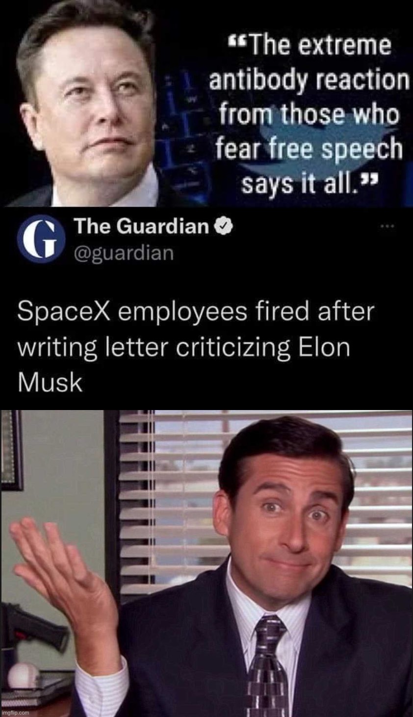 Billionaire corporate tycoon is a free speech hypocrite? Who woulda thought? | image tagged in elon musk free speech hypocrite,michael scott,free speech,twitter,hypocrisy,conservative hypocrisy | made w/ Imgflip meme maker