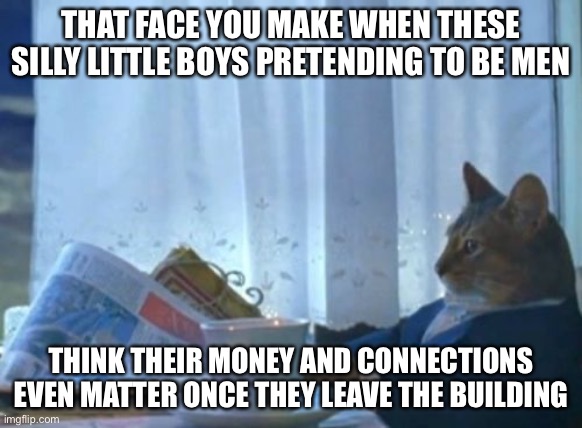Me. Ow! |  THAT FACE YOU MAKE WHEN THESE SILLY LITTLE BOYS PRETENDING TO BE MEN; THINK THEIR MONEY AND CONNECTIONS EVEN MATTER ONCE THEY LEAVE THE BUILDING | image tagged in memes,i should buy a boat cat | made w/ Imgflip meme maker