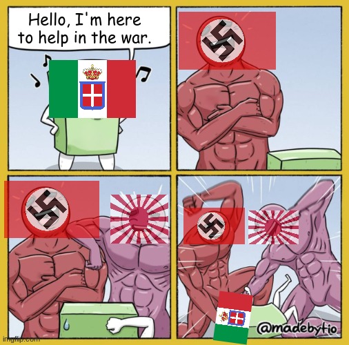 Italianphobia | Hello, I'm here to help in the war. | image tagged in 2 guys beating smaller guy | made w/ Imgflip meme maker